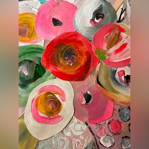 Original Art Painting Mixed Media Acrylic Collage on Canvas Board Pink Floral - Picture 2 of 8
